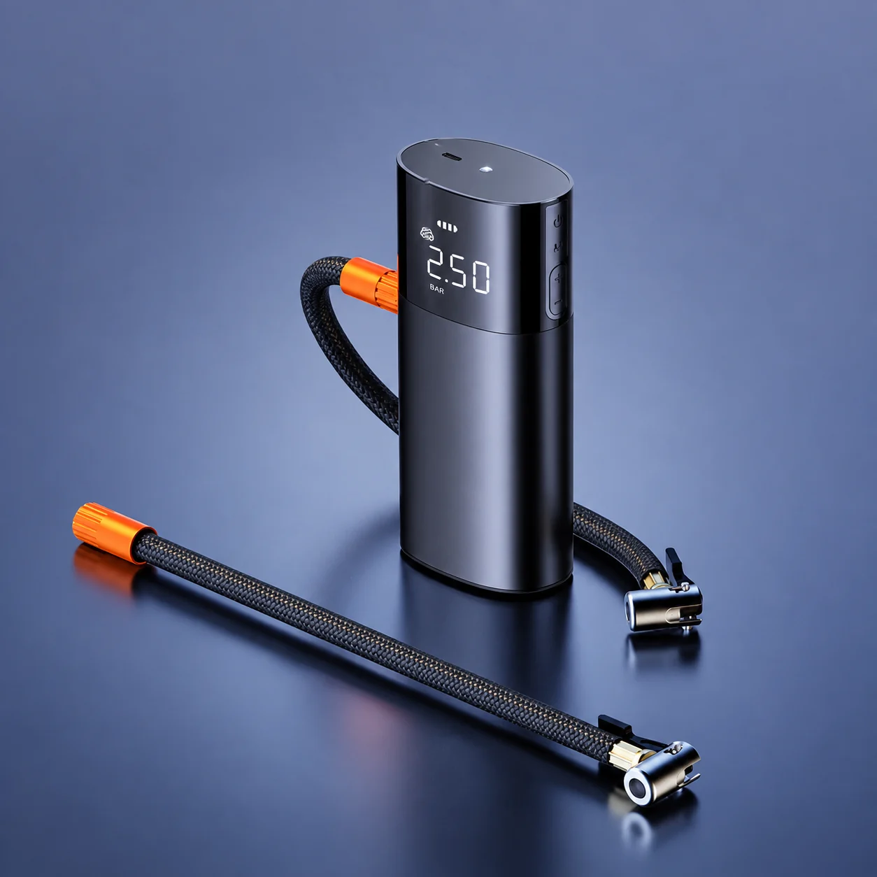 IN-2: ekran, USB-C girişi, LED ışık, tuşlar ve yandan bağlanan hava hortumu